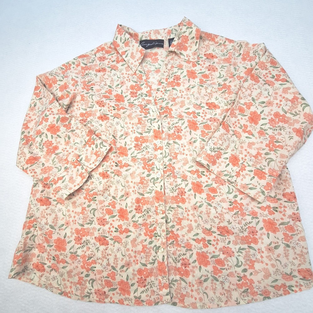 Angelique‎ Shirt Womens 1X Orange Floral Sequin Cotton Button Down 3/4 Sleeve